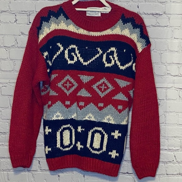 Lindsay Gray Essentials KNIT CREW NECK SWEATER Red Blue White EUC Medium VINTAGE - Picture 4 of 9